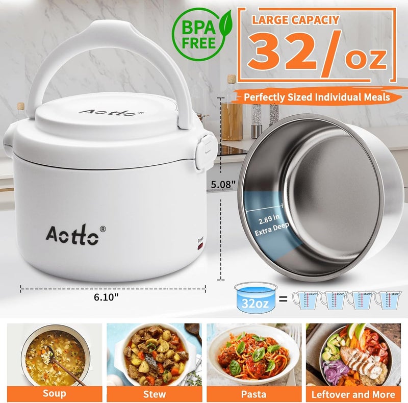 Aotto Electric Lunch Box, 32 oz Portable Food Warmer Heater, Lunch Warmer Portable for Work/Office/Car/Travel 12V/24V/110V 3-in-1, Warming Soup & Meal, Spill-Free, Men & Women's Gifts, White - Image 3